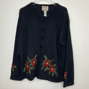 Vintage 2003 Heirloom Collectables Knit Cardigan Sweater Beaded Poinsettia XL